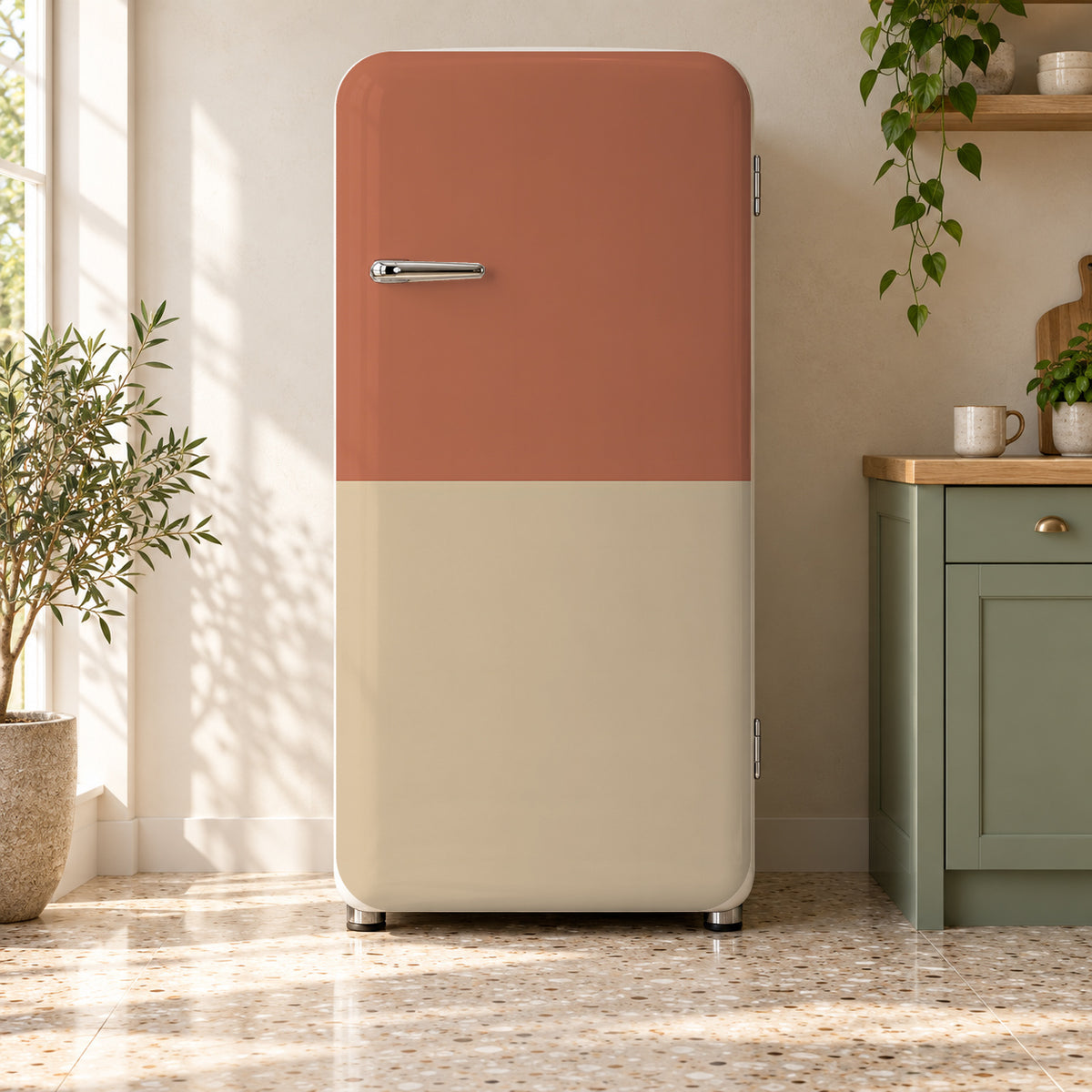 Two-Tone Terracotta & Sand fridge wrap on a retro refrigerator