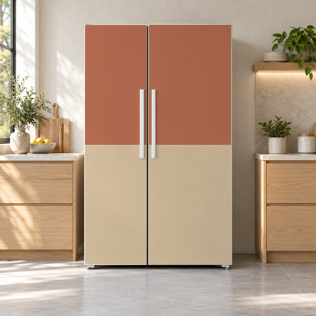 Two-Tone Terracotta & Sand fridge wrap on a side-by-side refrigerator