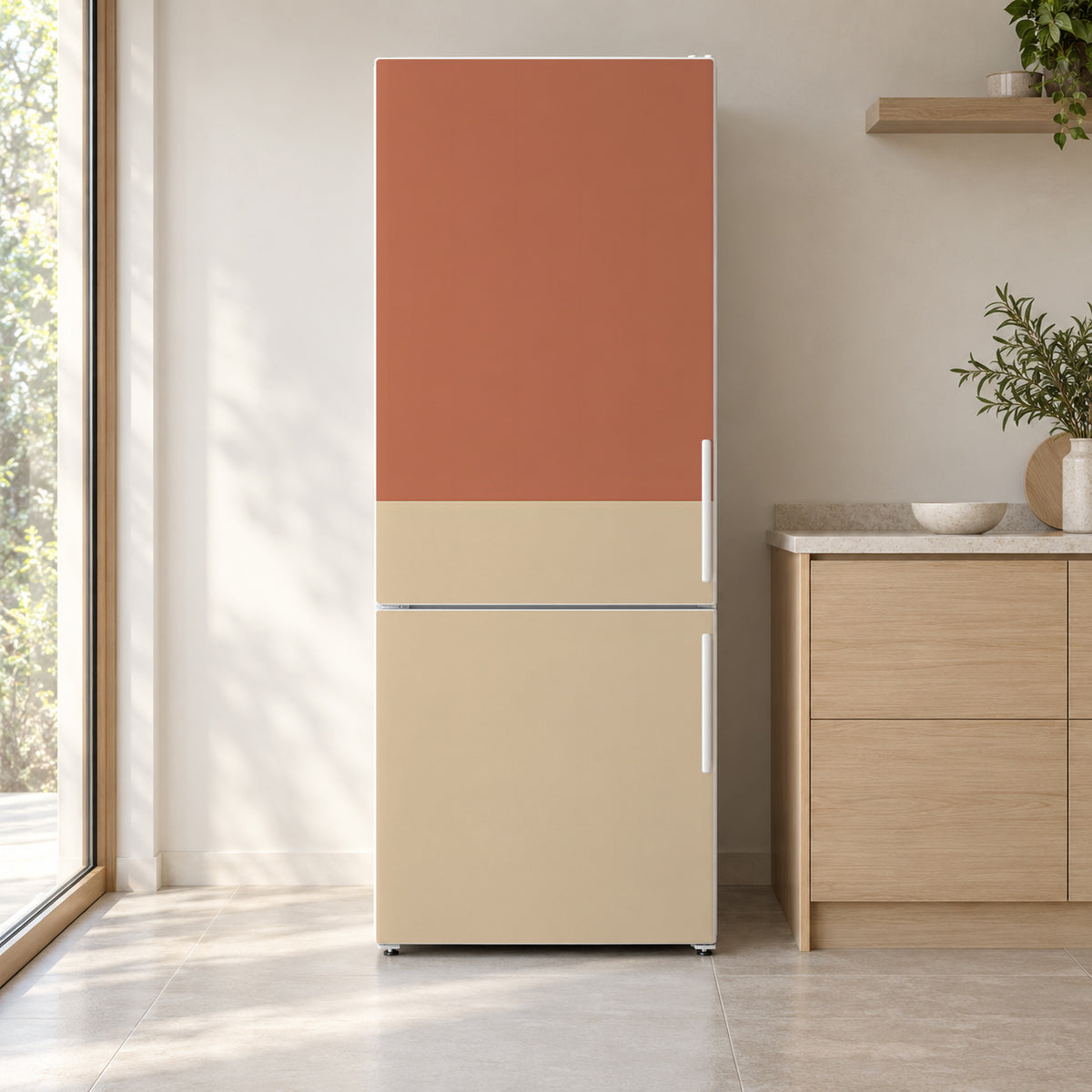 Two-Tone Terracotta & Sand fridge wrap on a white refrigerator in a bright kitchen