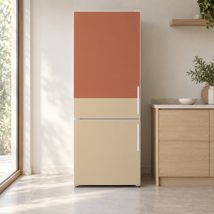 Two-Tone Terracotta & Sand fridge wrap on a white refrigerator in a bright kitchen