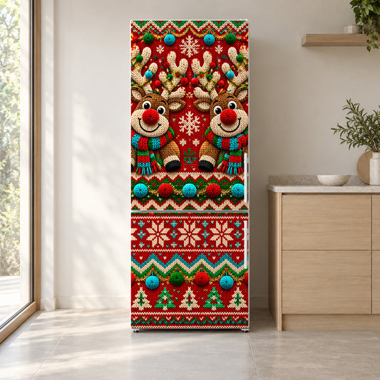Ugly Christmas Sweater fridge wrap on a white refrigerator in a bright kitchen