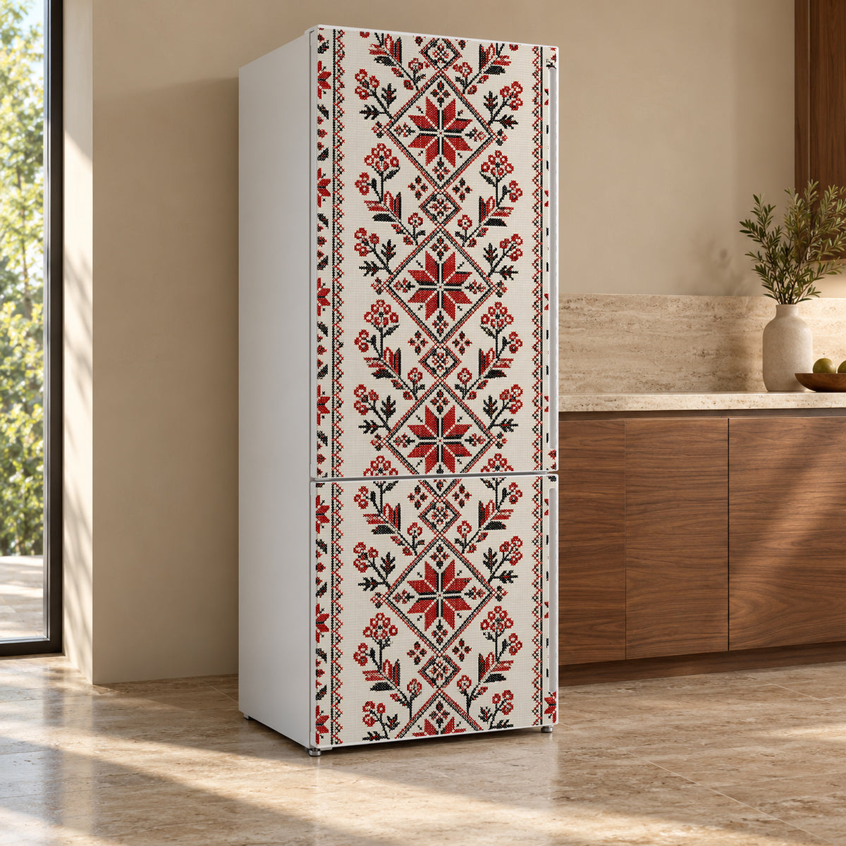 Ukrainian Embroidery fridge wrap, refrigerator shown at an angle