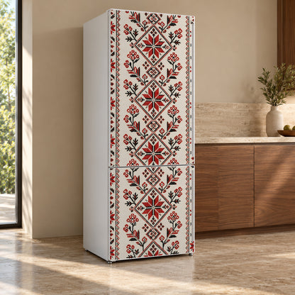 Ukrainian Embroidery fridge wrap, refrigerator shown at an angle