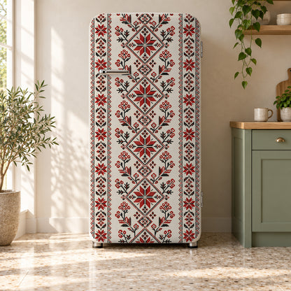 Ukrainian Embroidery fridge wrap on a retro refrigerator