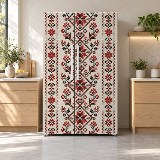Ukrainian Embroidery fridge wrap on a side-by-side refrigerator