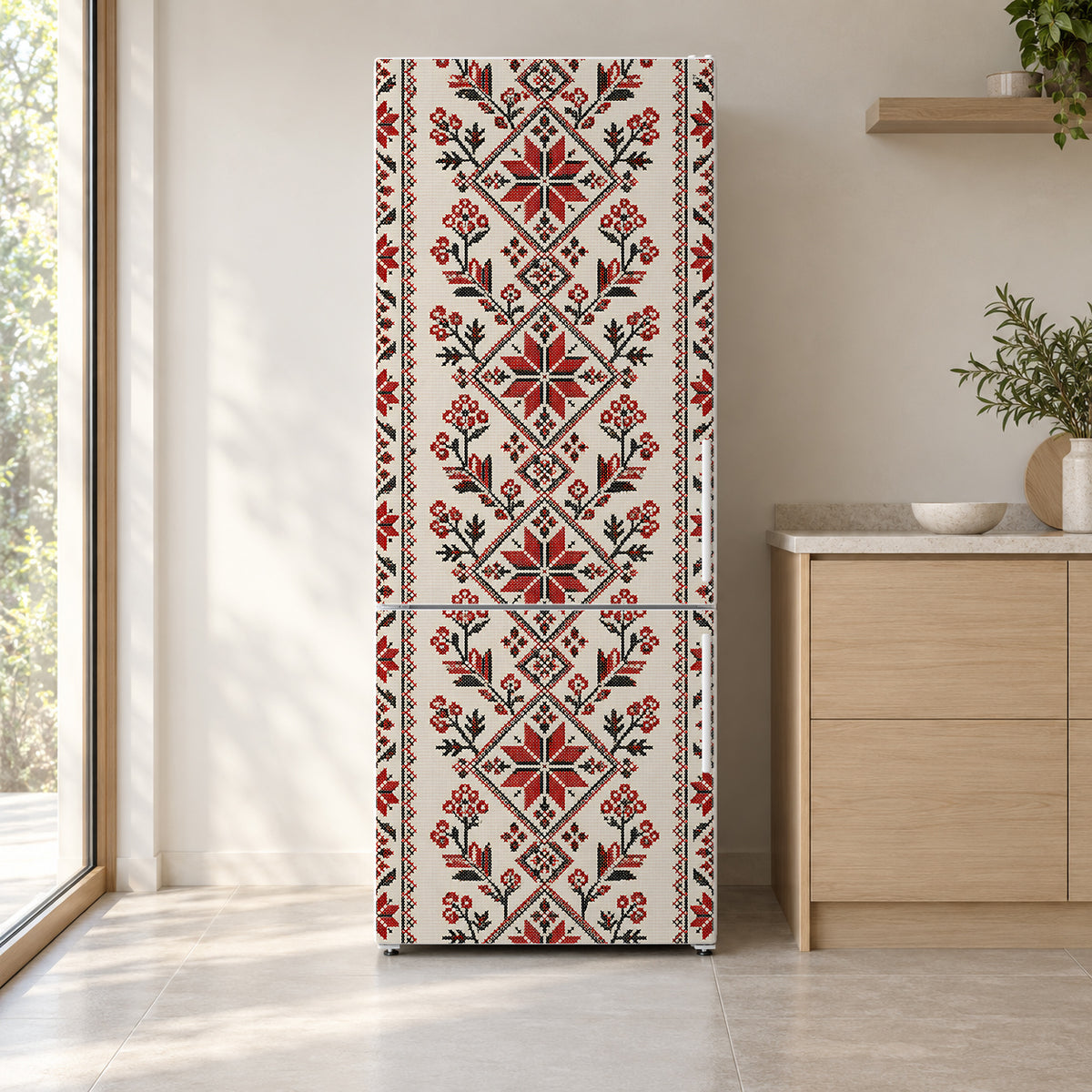 Ukrainian Embroidery fridge wrap on a white refrigerator in a bright kitchen