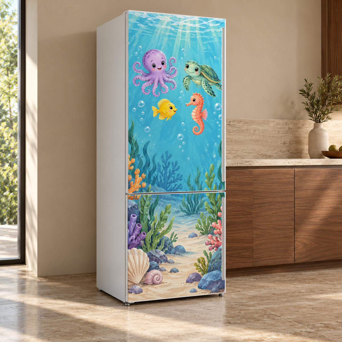 Under the Sea Friends fridge wrap, refrigerator shown at an angle