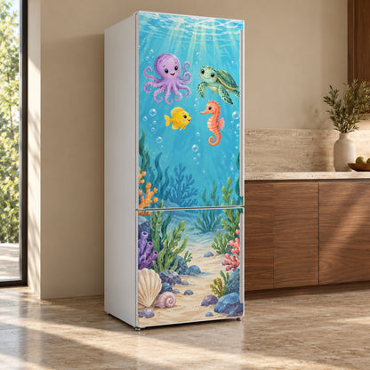 Under the Sea Friends fridge wrap, refrigerator shown at an angle