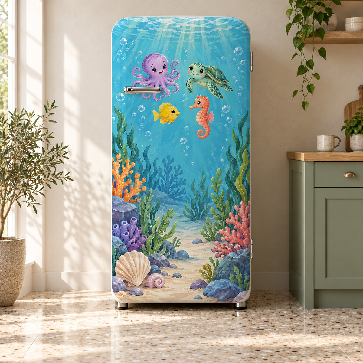 Under the Sea Friends fridge wrap on a retro refrigerator