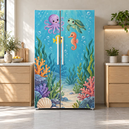 Under the Sea Friends fridge wrap on a side-by-side refrigerator