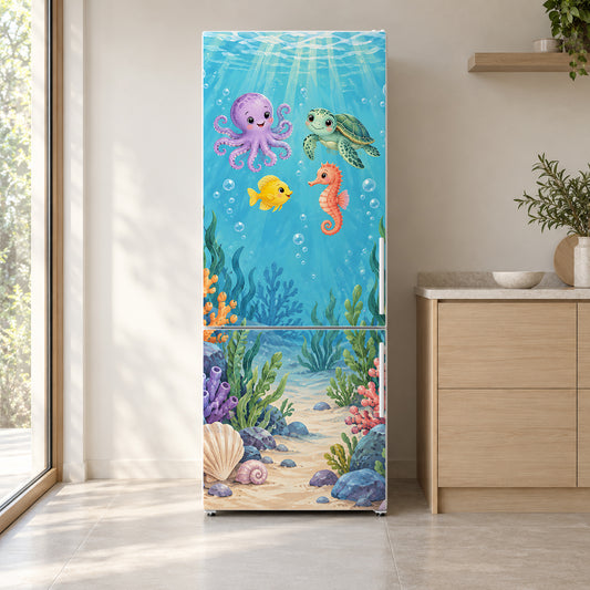 Under the Sea Friends fridge wrap on a white refrigerator in a bright kitchen