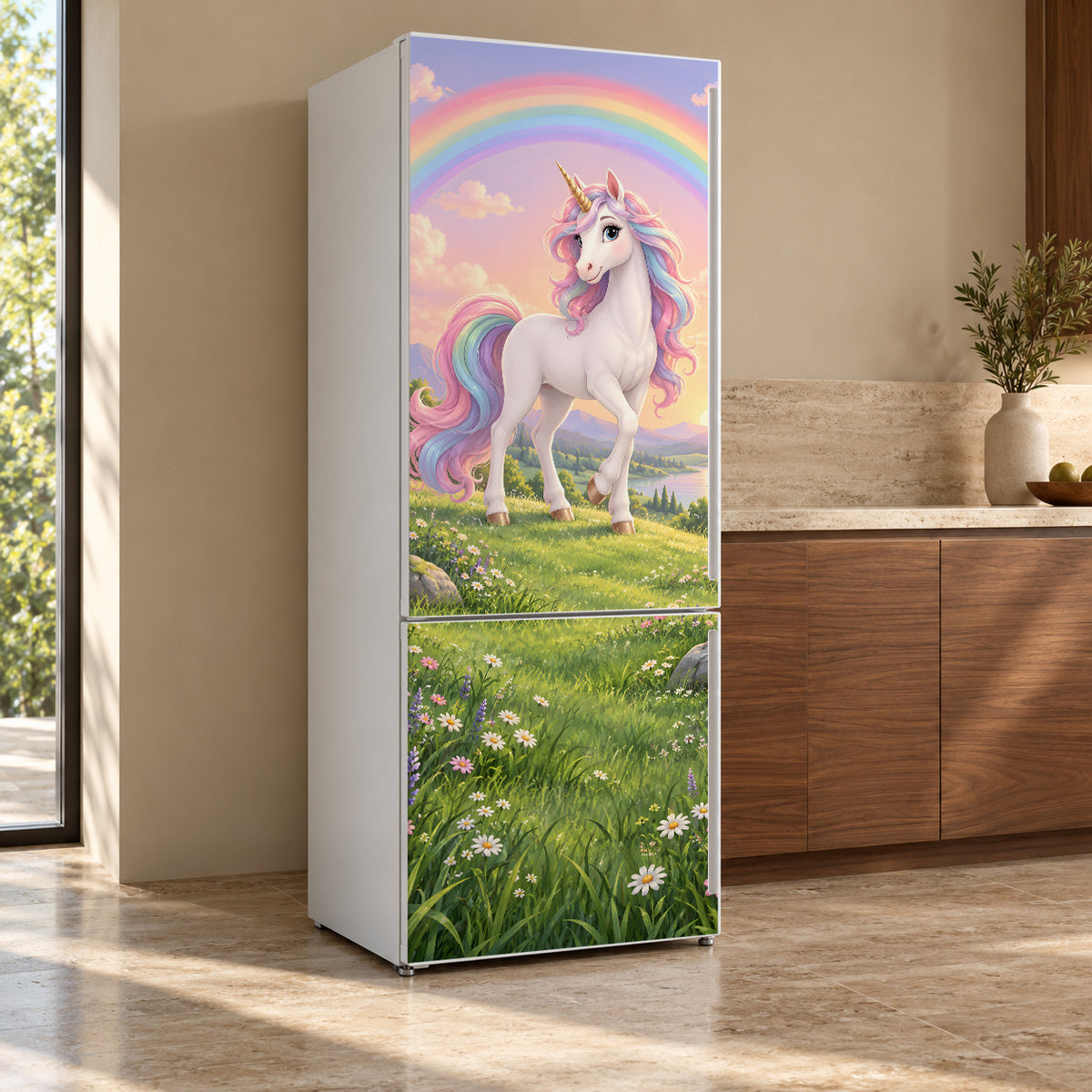 Unicorn & Rainbow fridge wrap, refrigerator shown at an angle