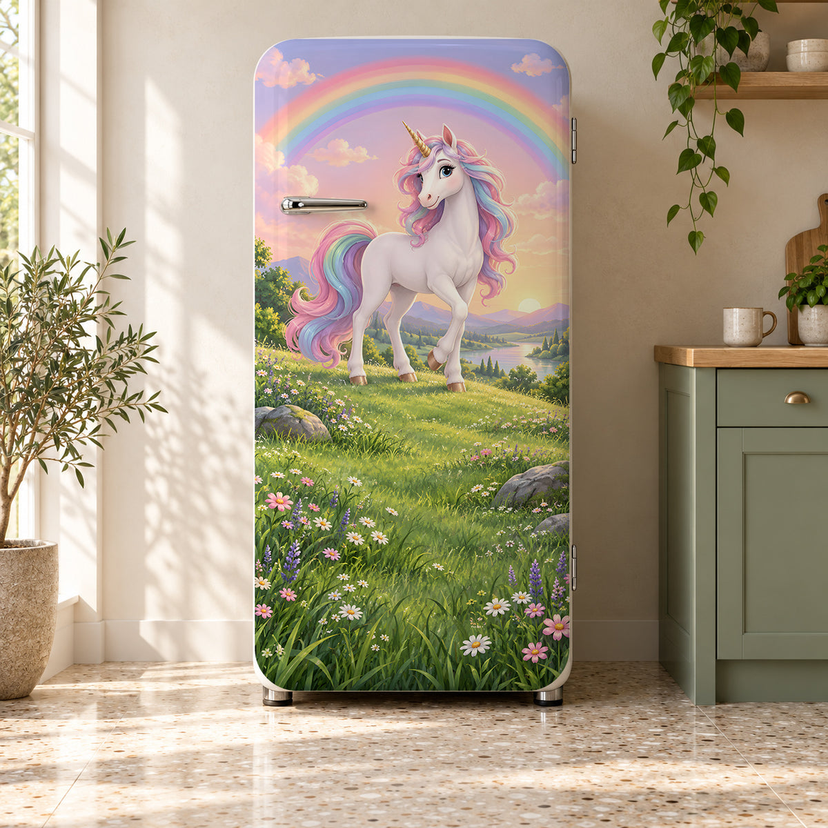 Unicorn & Rainbow fridge wrap on a retro refrigerator