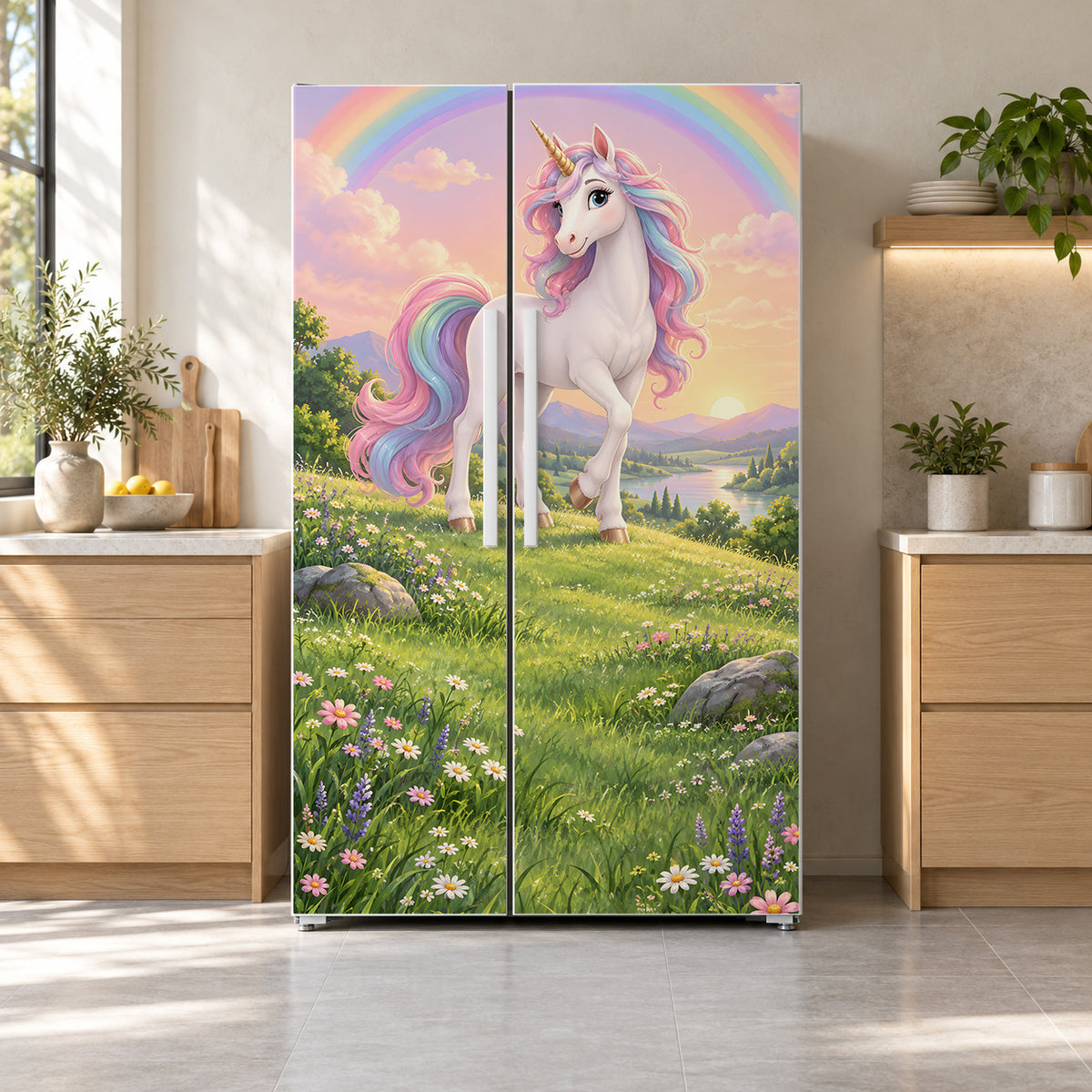 Unicorn & Rainbow fridge wrap on a side-by-side refrigerator