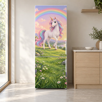 Unicorn & Rainbow fridge wrap on a white refrigerator in a bright kitchen