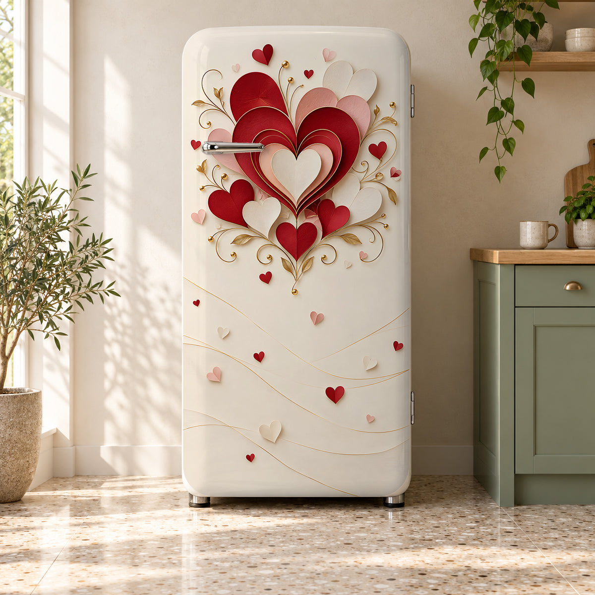Valentine Hearts fridge wrap on a retro refrigerator