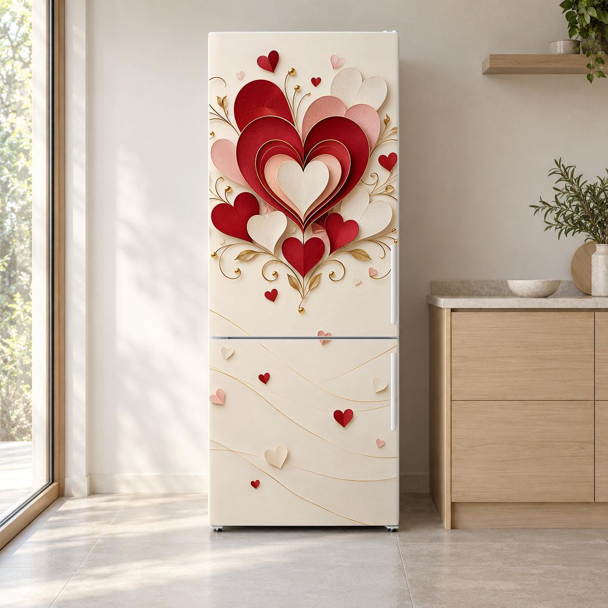 Valentine Hearts fridge wrap on a white refrigerator in a bright kitchen