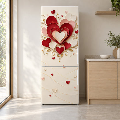 Valentine Hearts fridge wrap on a white refrigerator in a bright kitchen