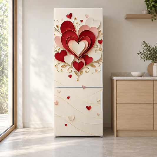 Valentine Hearts fridge wrap on a white refrigerator in a bright kitchen