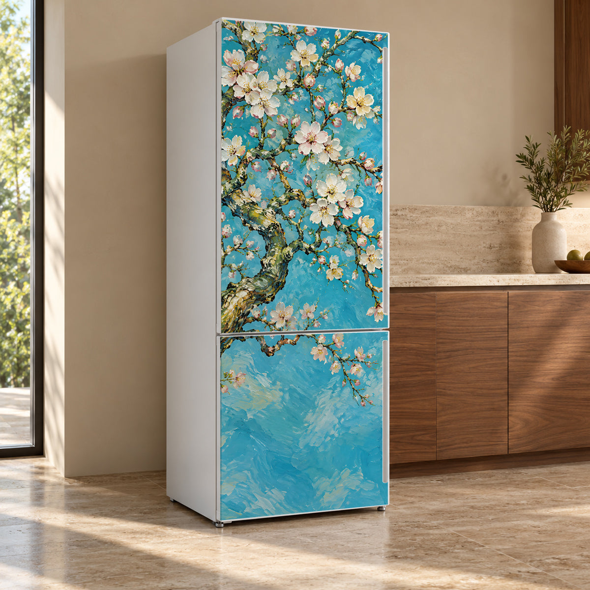 Van Gogh Inspired Almond Blossoms fridge wrap, refrigerator shown at an angle