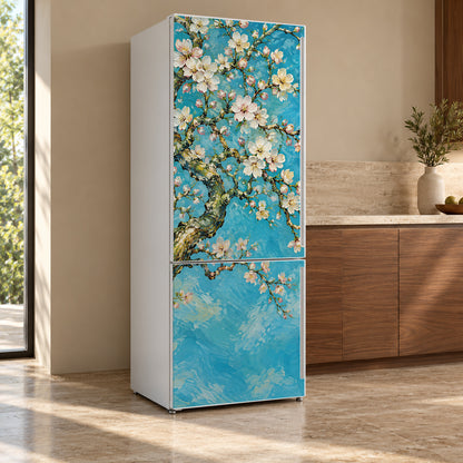 Van Gogh Inspired Almond Blossoms fridge wrap, refrigerator shown at an angle