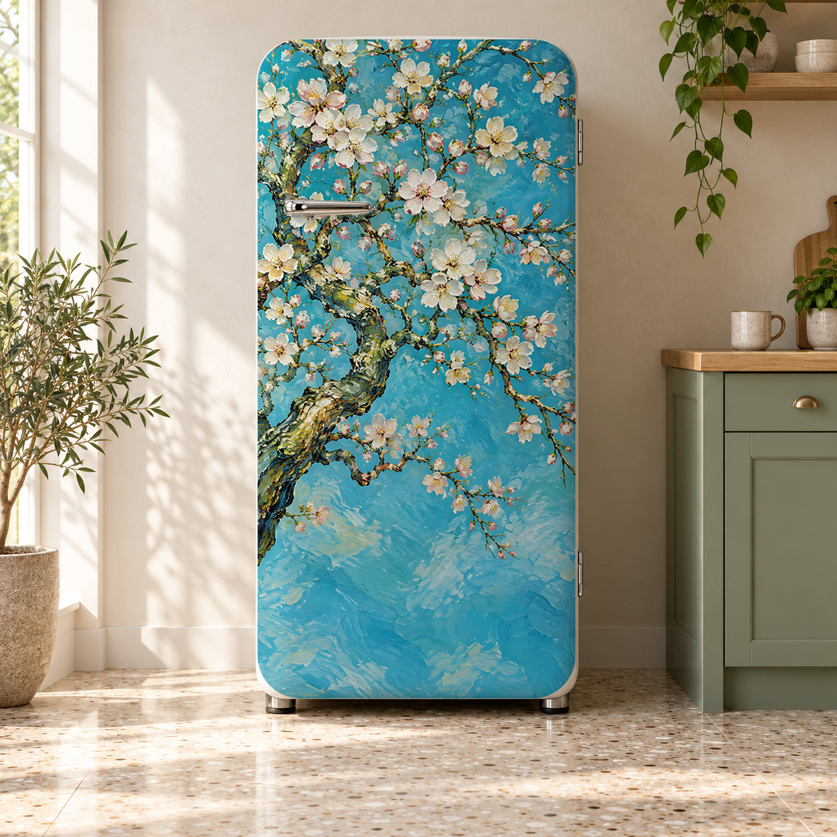 Van Gogh Inspired Almond Blossoms fridge wrap on a retro refrigerator