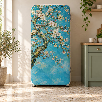 Van Gogh Inspired Almond Blossoms fridge wrap on a retro refrigerator