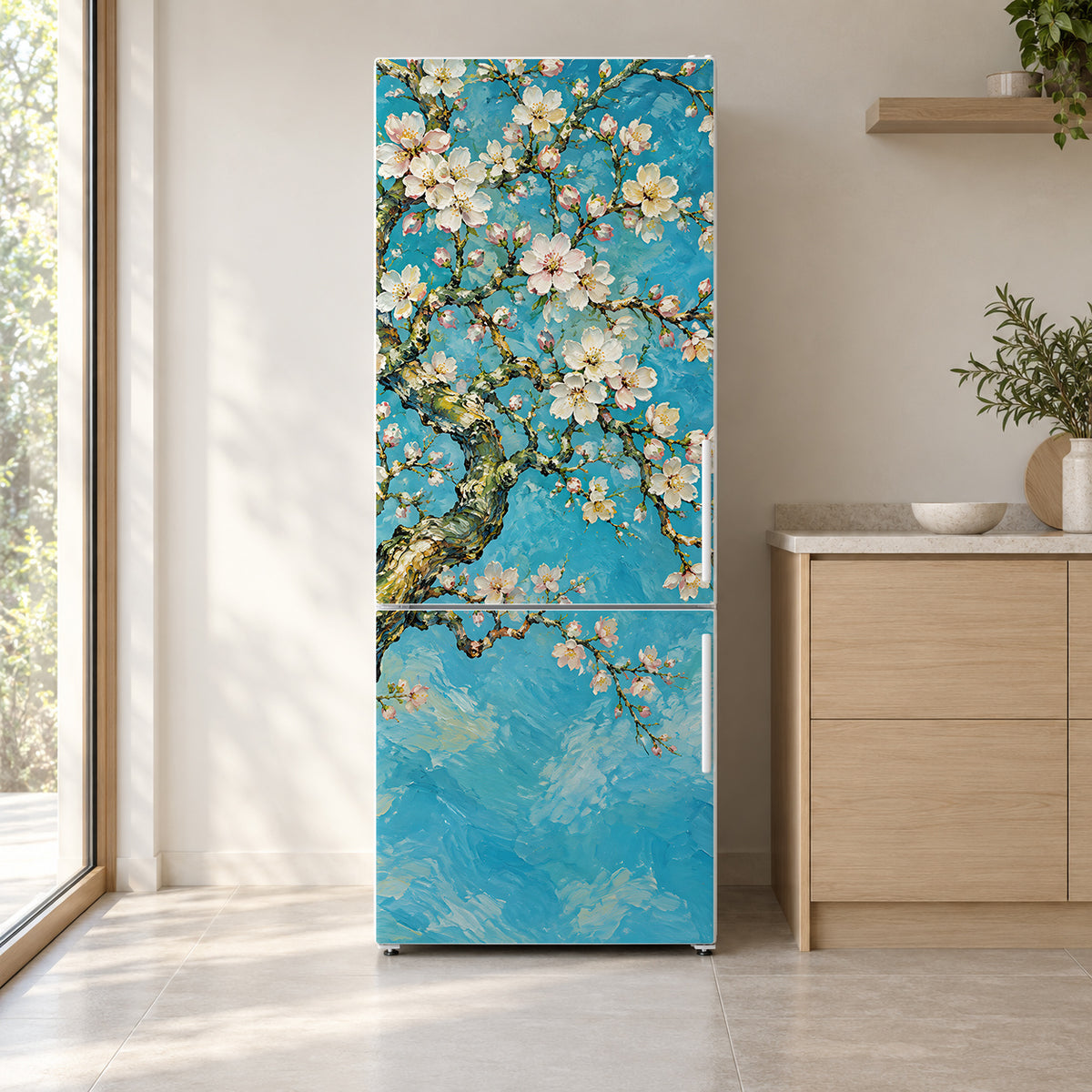 Van Gogh Inspired Almond Blossoms fridge wrap on a white refrigerator in a bright kitchen
