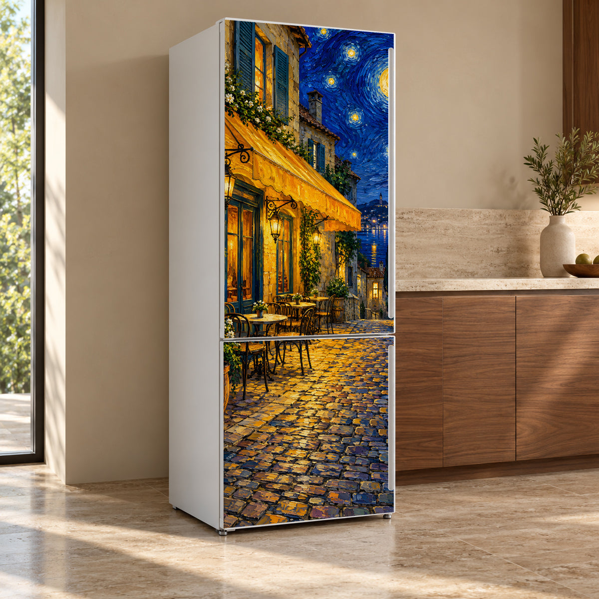 Van Gogh-Inspired Café Terrace at Night fridge wrap, refrigerator shown at an angle