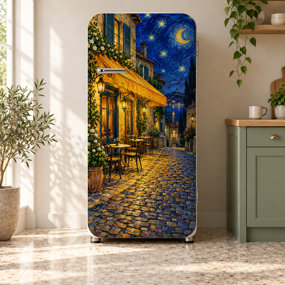Van Gogh-Inspired Café Terrace at Night fridge wrap on a retro refrigerator
