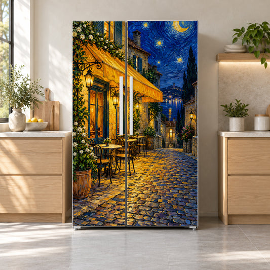 Van Gogh-Inspired Café Terrace at Night fridge wrap on a side-by-side refrigerator