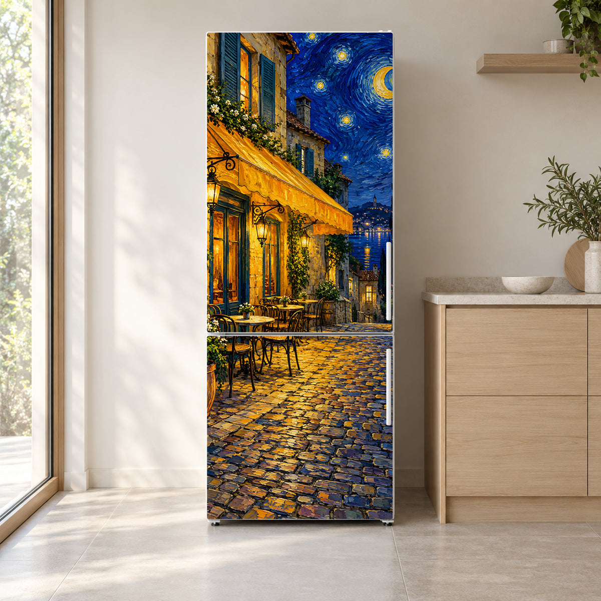 Van Gogh-Inspired Café Terrace at Night fridge wrap on a white refrigerator in a bright kitchen