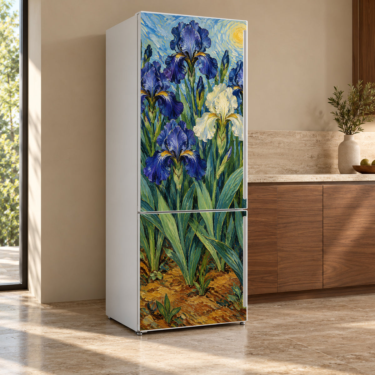 Van Gogh Inspired Irises fridge wrap, refrigerator shown at an angle