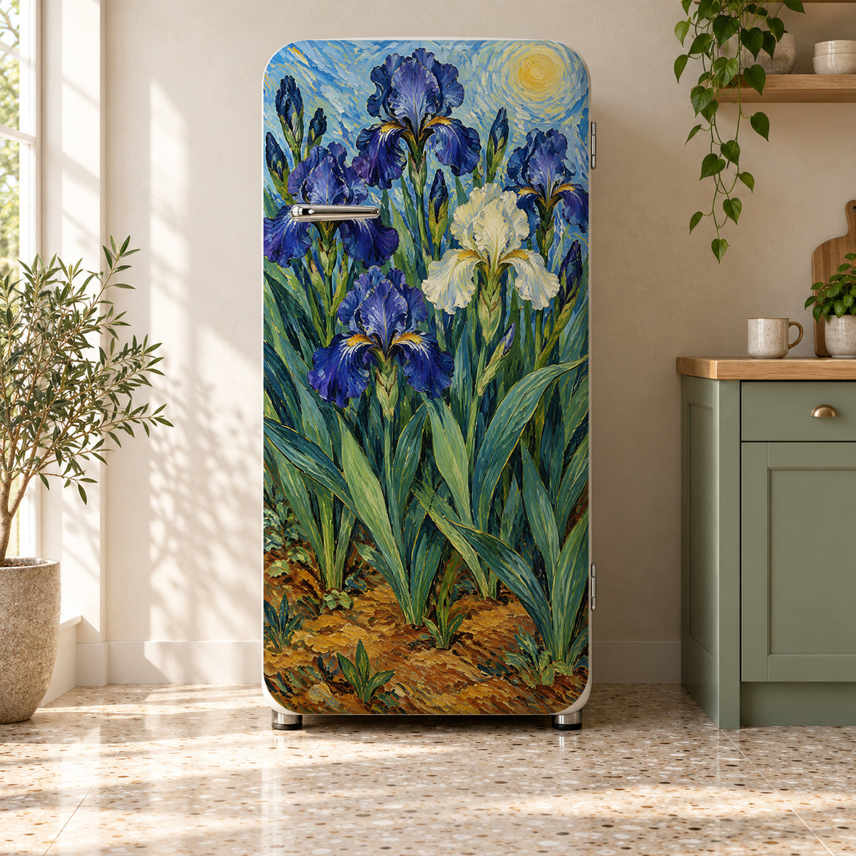 Van Gogh Inspired Irises fridge wrap on a retro refrigerator