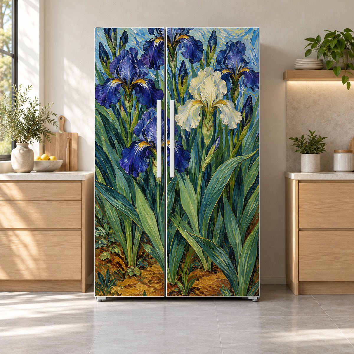 Van Gogh Inspired Irises fridge wrap on a side-by-side refrigerator