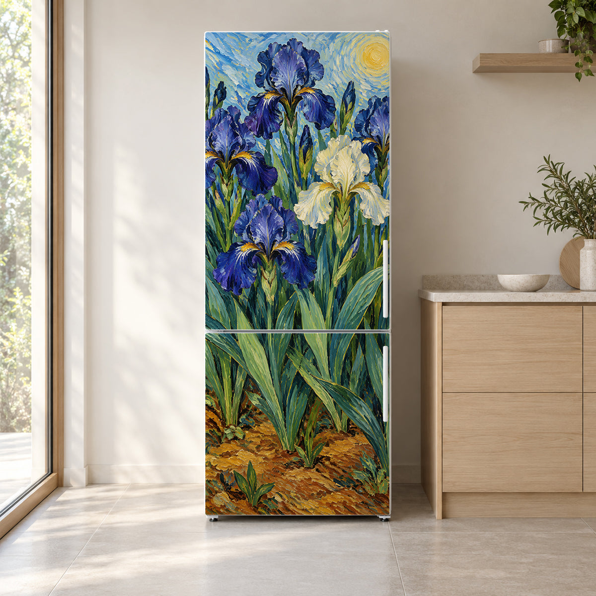 Van Gogh Inspired Irises fridge wrap on a white refrigerator in a bright kitchen