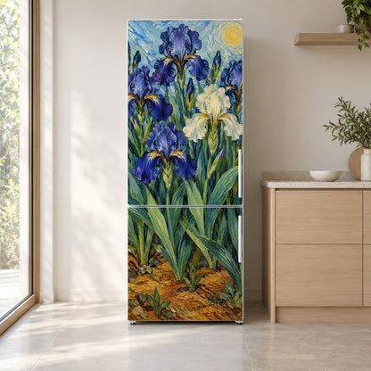Van Gogh Inspired Irises fridge wrap on a white refrigerator in a bright kitchen