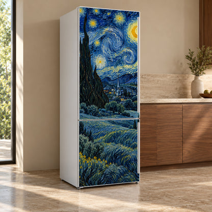 Van Gogh Inspired Starry Night fridge wrap, refrigerator shown at an angle