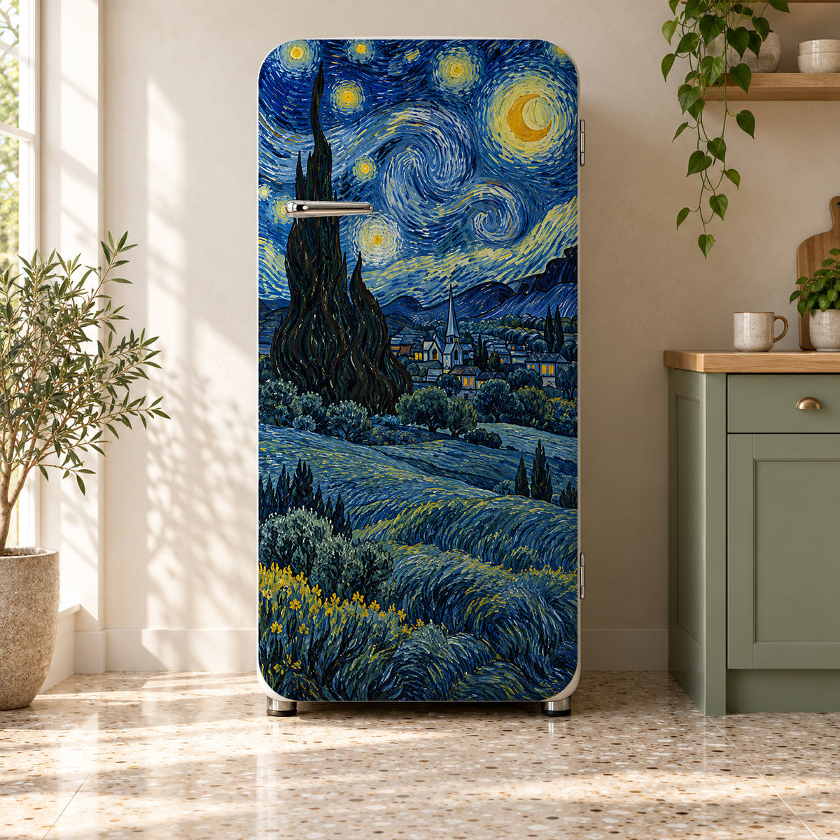 Van Gogh Inspired Starry Night fridge wrap on a retro refrigerator