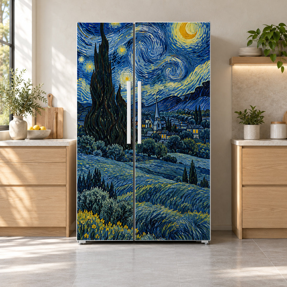 Van Gogh Inspired Starry Night fridge wrap on a side-by-side refrigerator