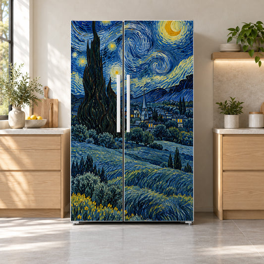 Van Gogh Inspired Starry Night fridge wrap on a side-by-side refrigerator