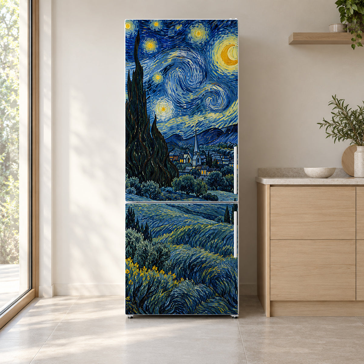 Van Gogh Inspired Starry Night fridge wrap on a white refrigerator in a bright kitchen