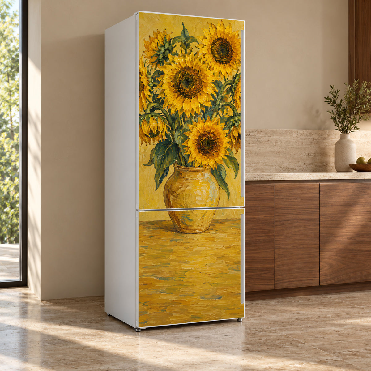 Van Gogh Inspired Sunflowers fridge wrap, refrigerator shown at an angle