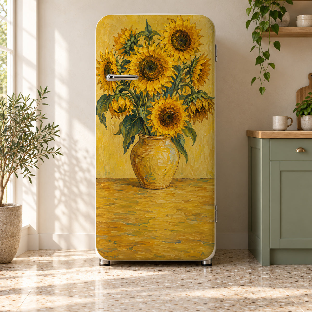 Van Gogh Inspired Sunflowers fridge wrap on a retro refrigerator