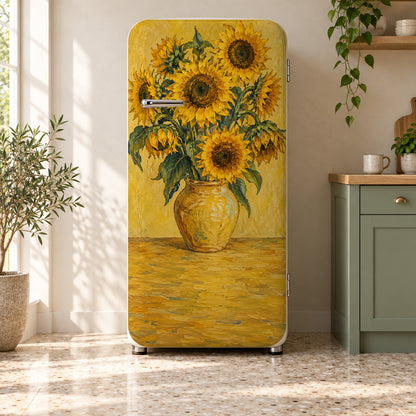 Van Gogh Inspired Sunflowers fridge wrap on a retro refrigerator
