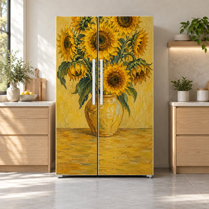 Van Gogh Inspired Sunflowers fridge wrap on a side-by-side refrigerator