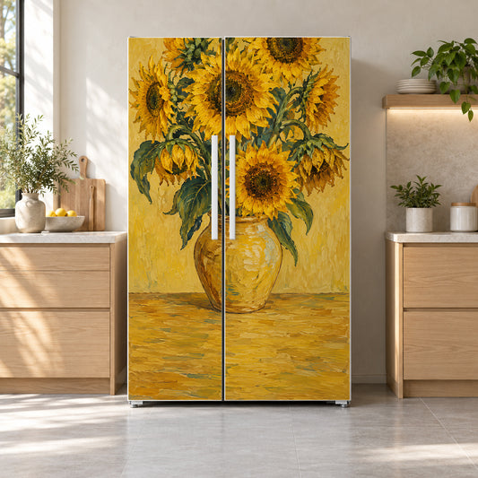 Van Gogh Inspired Sunflowers fridge wrap on a side-by-side refrigerator