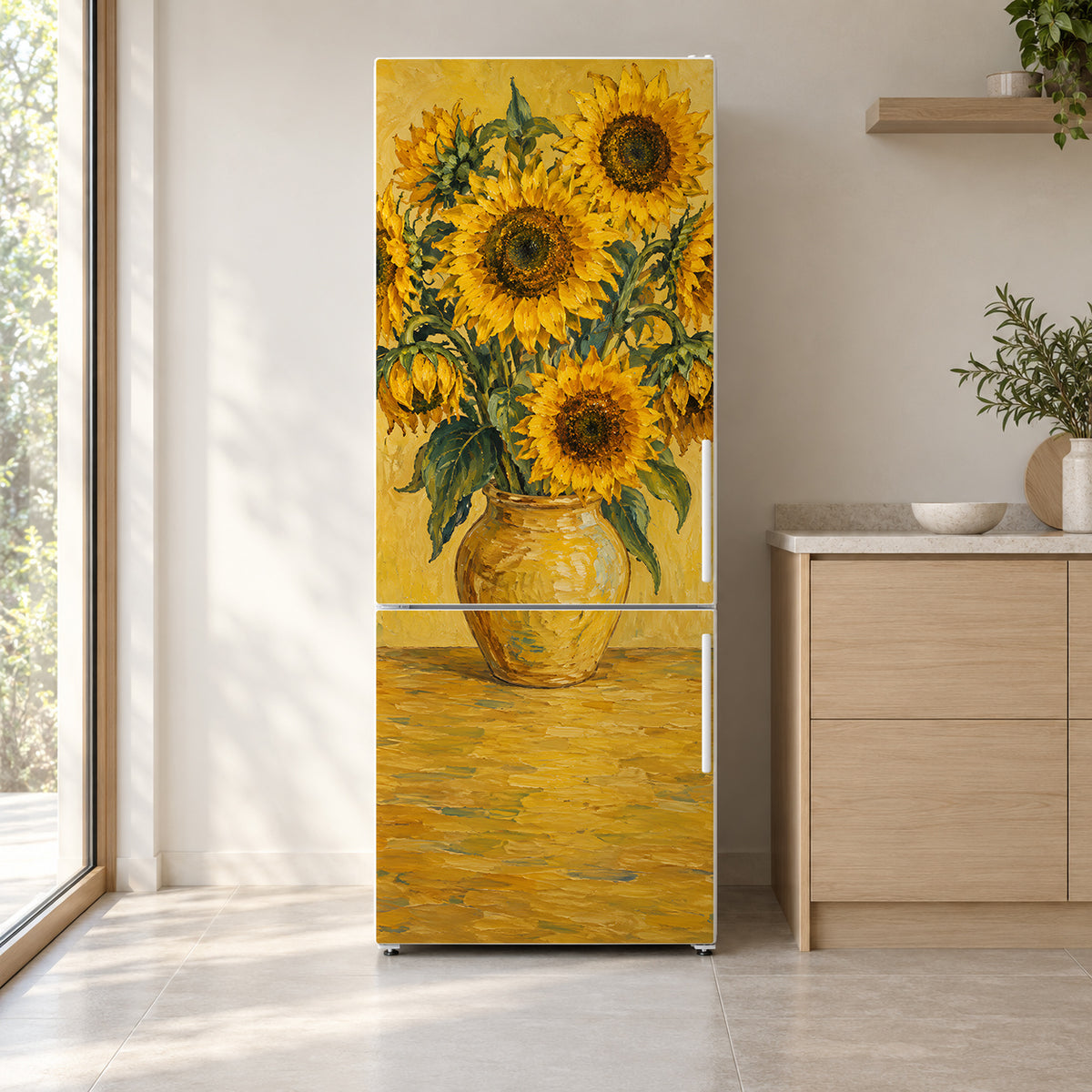 Van Gogh Inspired Sunflowers fridge wrap on a white refrigerator in a bright kitchen