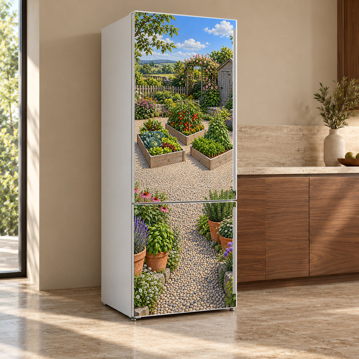 Vegetable Garden Raised Beds fridge wrap, refrigerator shown at an angle