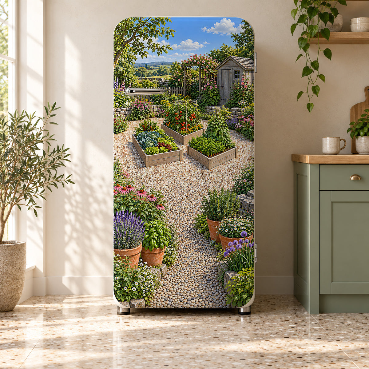Vegetable Garden Raised Beds fridge wrap on a retro refrigerator